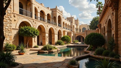 Fototapeta premium Syrian Historic Oasis features stunning architecture with arches, lush greenery, and tranquil water. Concept showcases beauty of Syrian Historic Oasis in serene environment