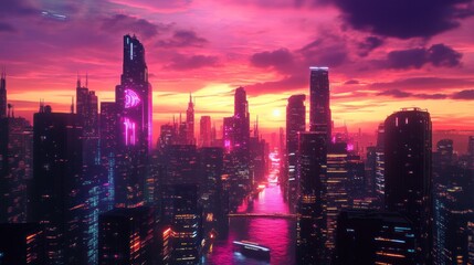 Fototapeta premium Neon Sunset Cityscape: A Futuristic Metropolis at Dusk
