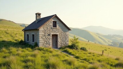 Fototapeta premium Stone Cottage on Rolling Green Hills at Sunset A Serene Pastoral Scene