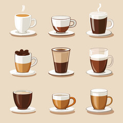 Obraz premium Assorted Coffee Beverages in Cups on Saucers Flat Lay Graphic Design