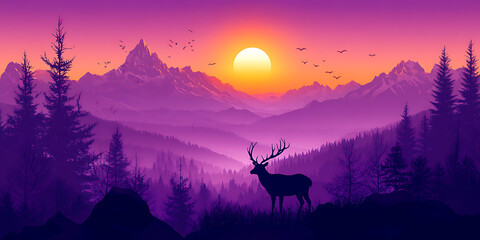 Fototapeta premium Futuristic 3D Synthwave Mountains with a Glowing Electric Sun in a Retro Neon Landscape