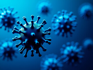 microscopic of multiple virus particles in deep blue hues