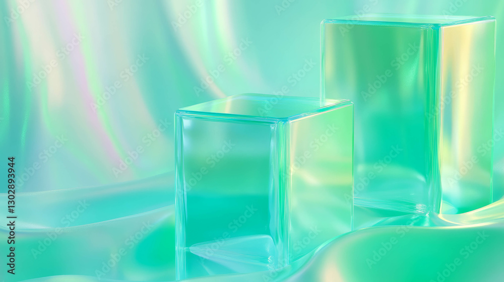 Poster vibrant abstract background with three transparent green cubes for modern design