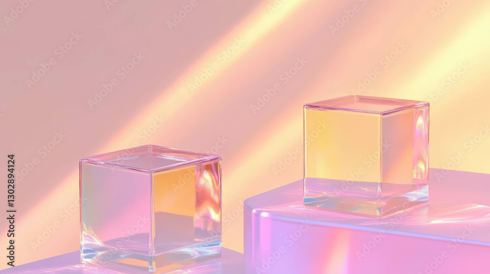 Poster abstract background with interconnected glass cubes and soft pastel light