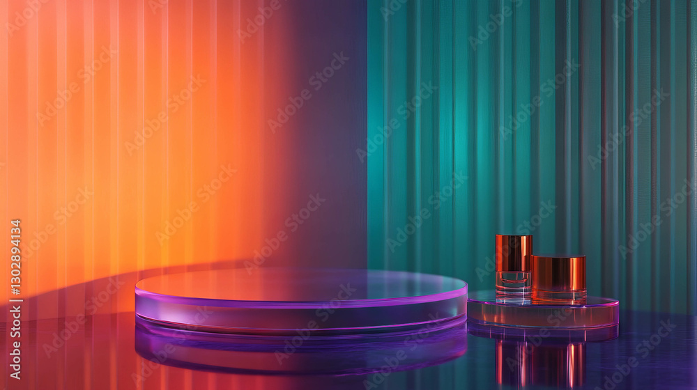 Aufkleber Abstract geometric display with interconnected glass cylinders and vibrant gradient background