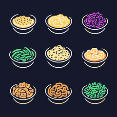 Bowls of Various Prepared Foods on Dark Background, Minimalist Style