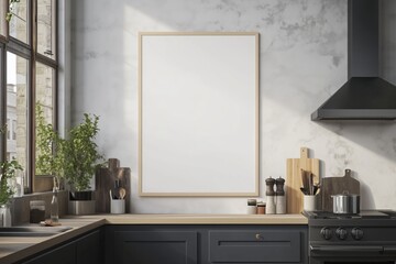 Mockup de moldura vertical em cozinha moderna com utensílios, plantas e decoração minimalista, criado com IA generativa para visualização de arte e design