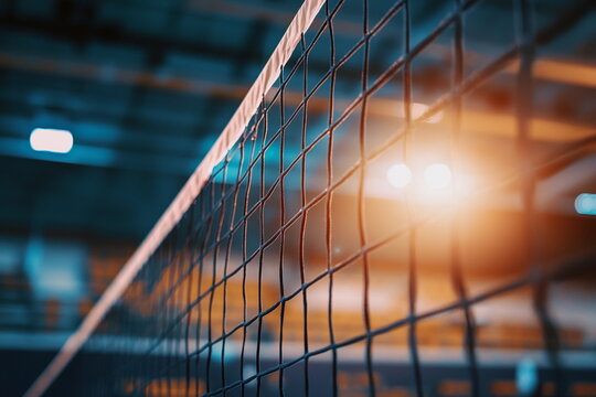 Indoor volleyball net close-up with blurred players in motion. Perfect for sports backgrounds, active lifestyle, team game concepts, or fitness and gym advertising.

