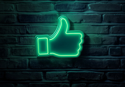 Neon sign of a thumbs-up icon on a dark brick wall background