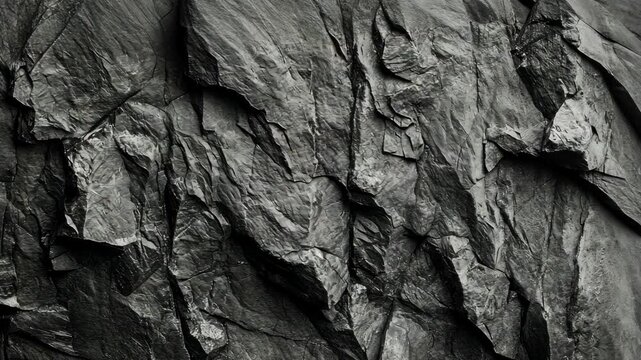 Textured black rock surface showing intricate layers and patterns under natural light in an outdoor setting