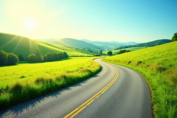 A Winding Asphalt Road Through Lush Green Rolling Hills Under a Bright Sunny Sky
