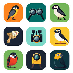 Obraz premium Birdwatching Tools and Bird Species in Flat Vector Icons Collection