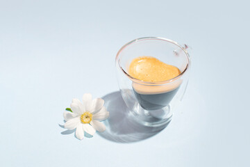 A cup of espresso on a pastel blue table, minimal spring floral composition