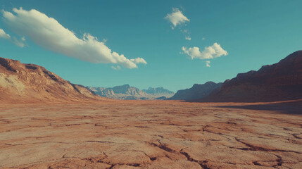 Naklejka premium Arid landscape with cracked earth and mountainous horizon under clear blue sky