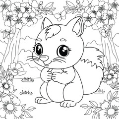 Squirrel on the background of flowers and sakura blossoms. Coloring for children's development. Vector illustration.