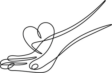 One continuous single line drawing of hand. Heart and love sign romantic symbol in simple linear style. Editable stroke. Minimalistic Doodle vector illustration.