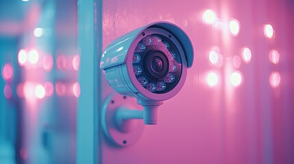 Security Camera System Monitoring Premises with Pink and Blue Lighting