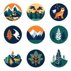 Nature Icons Badge Set: Wildlife, Mountains, Forests, and Plantlife Design
