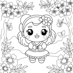 Girl on the background of flowers and sakura blossoms. Coloring for children's development. Vector illustration.