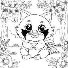 Raccoon on the background of flowers and sakura blossoms. Coloring for children's development. Vector illustration.
