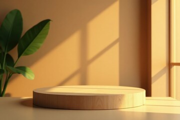 Warm sunlight illuminates a minimalist wooden display platform, showcasing a serene and inviting atmosphere perfect for product presentation or interior design inspiration.