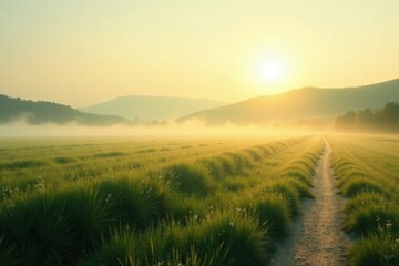 Fototapeta premium Serene Sunrise Meadow Path A Misty Morning Landscape with Golden Light and Lush Vegetation