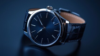 A stylish wristwatch with a leather strap, positioned on a deep navy blue background, sleek design, soft reflections