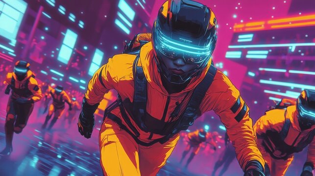 Neon City Racers. A group of futuristic racers speed through a neon-lit cityscape in a vibrant, pop art style illustration. The racers are clad in orange suits.