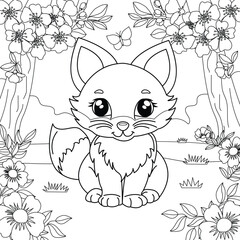 Fox on the background of flowers and sakura blossoms. Coloring for children's development. Vector illustration.