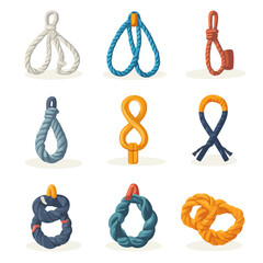 Colorful rope knots collection, nautical loops, and creative knot patterns