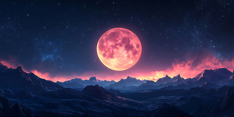 Glowing 3D Full Moon Against a Violet Starry Sky with a Radiant Celestial Glow