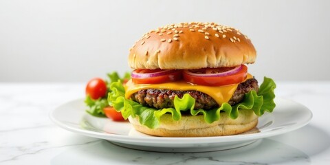 A delectable cheeseburger, nestled on a crisp lettuce bed, is elegantly presented on a pristine white plate, accompanied by a vibrant side salad featuring ripe cherry tomatoes.