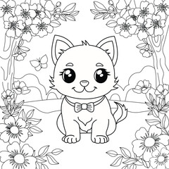 Dog on the background of flowers and sakura flowers. Coloring for children's development. Vector illustration.