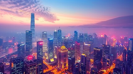 Fototapeta premium Stunning Aerial View of a Vibrant City at Sunset