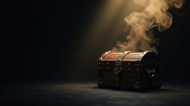 A Mysterious Wooden Chest Emits Enigmatic Smoke Underneath a Soft Golden Light