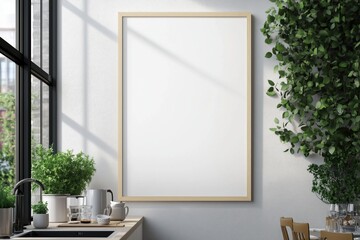 Mockup de moldura vertical em cozinha moderna com utensílios, plantas e decoração minimalista, criado com IA generativa para visualização de arte e design