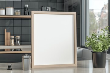 Mockup de moldura vertical em cozinha moderna com utensílios, plantas e decoração minimalista, criado com IA generativa para visualização de arte e design