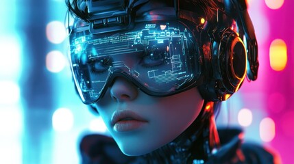 Cyberpunk Girl with Futuristic Headset in Neon Lights