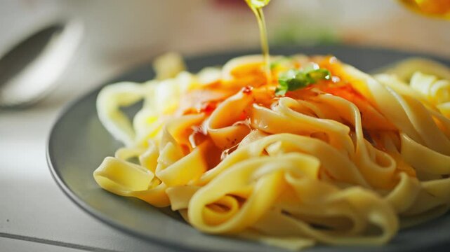 A plate of fresh pasta garnished with herbs is being drizzled with olive oil. This culinary moment captures the essence of home cooking, showing a focus on flavor and presentation