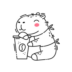 Capybara barista in apron with cup of coffee doodle outline. Isolated on white background. Vector illustration.