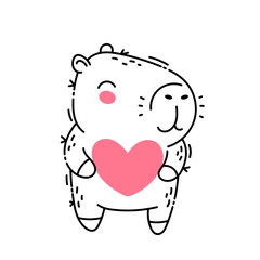 Cute capybara holding heart in doodle style isolated on white background. Love, romance, Valentine's day. Vector illustration.