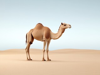 A lone camel standing gracefully in a vast desert landscape under a clear sky