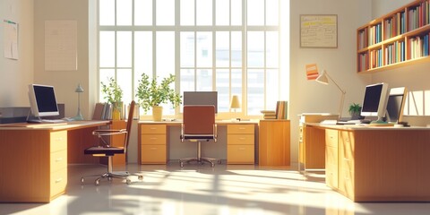 Sunlit modern office with two desks, computers, and bookshelves.