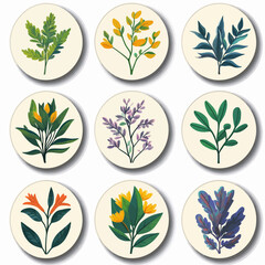 Botanical Illustration of Colorful Plants and Foliage on Round Backgrounds