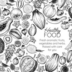 	
Vector illustration banner template with fruits. Whole fruits, slices, halves. Brochure for grocery store. Healthy eating. Raw food. Tropical botany