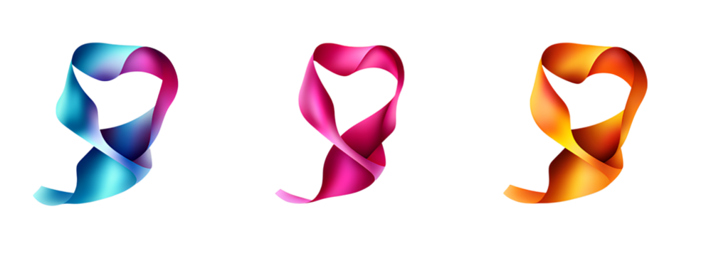 Colorful vector design of three different abstract shapes with intertwined silk ribbons isolated on a transparent background