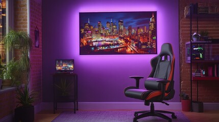 Gaming Chair and Cityscape Tv in a Modern Entertainment Room Setup