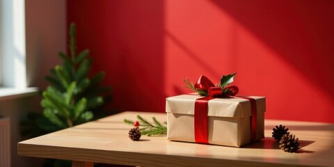 A festively wrapped present sits on a light wooden table against a red wall, bathed in sunlight.  Pine sprigs and cones add to the winter holiday ambiance.