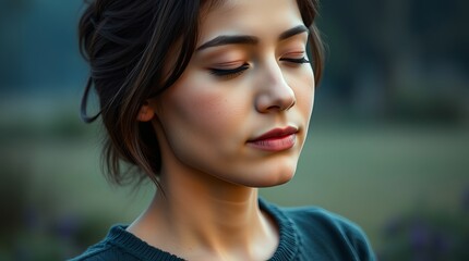 A serene young woman of South Asian descent with closed eyes, enjoying a peaceful moment in a nature setting with soft lighting.