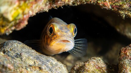 Obraz premium Juvenile cichlid fish exploring the nooks of a rock cave, its vivid colors enhanced by clear water and soft, ambient lighting